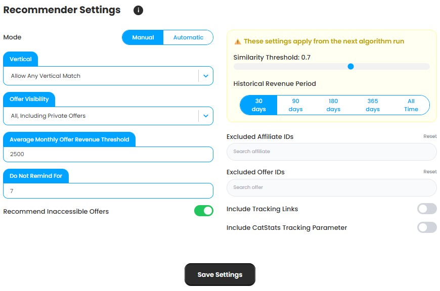 Advanced recommender system settings for verticals, thresholds, and visibility